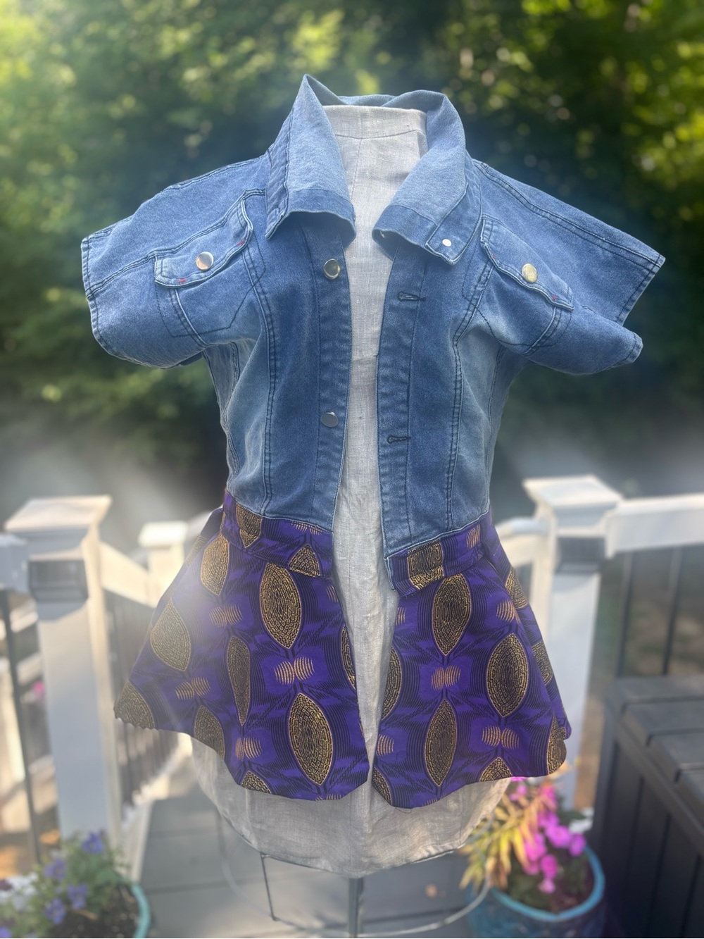 Denim Jacket with Purple African Wax Print Panels